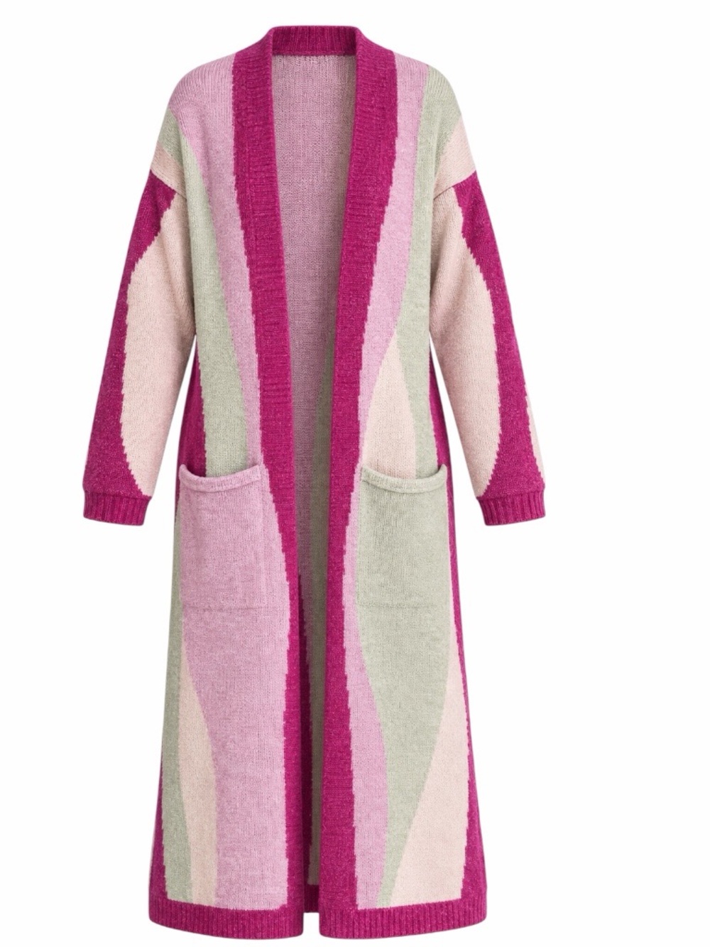 Long Open-Front Pink and Light Green Wave Knit Cardigan Size 3X